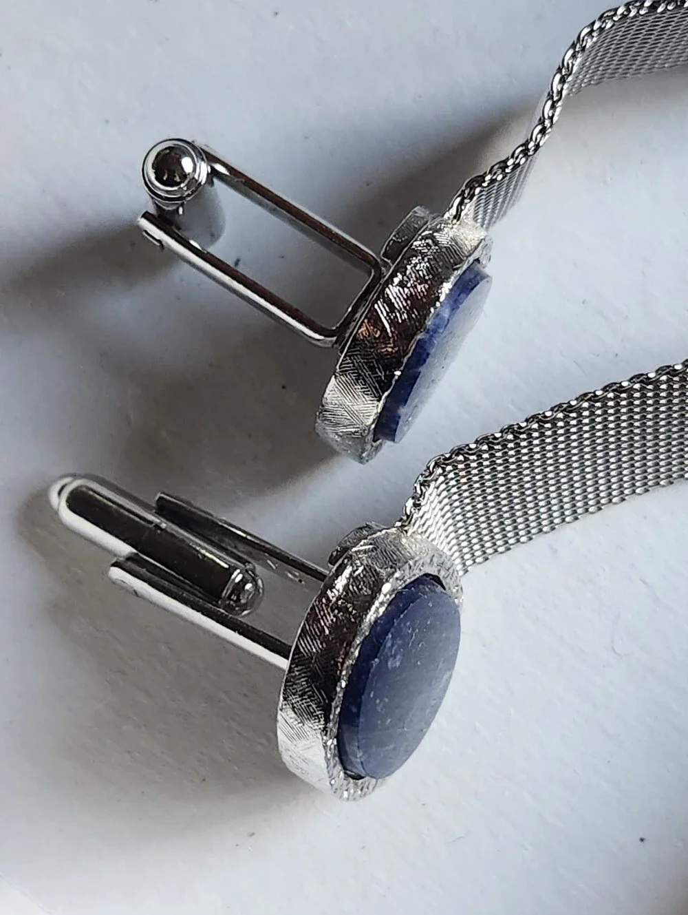 Vtg Dante Silver Tone Mesh Cufflinks with Dark Blue Oval Stones